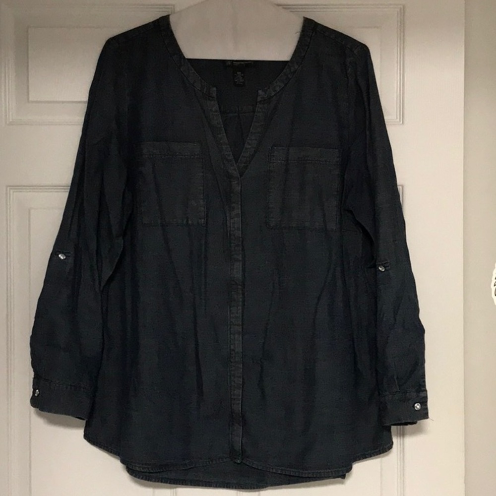 INC Denim Shirt V-Neck roll tab sleeve crystal buttons 30 in long